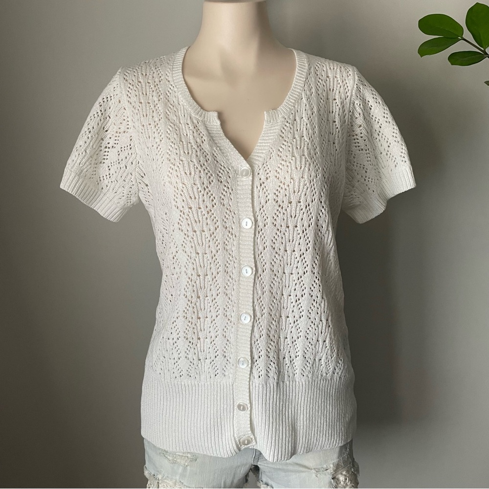 Lightweight White Knit Button-Front Short Sleeve Sweater